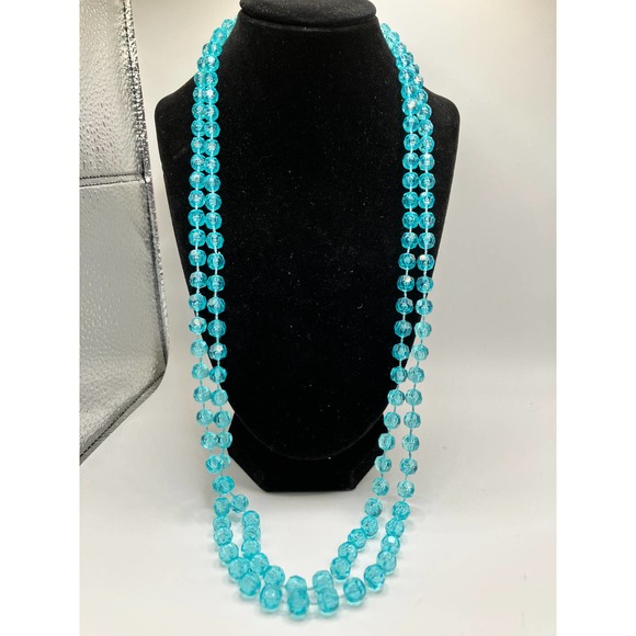 Long Transparent Turquoise Beaded Necklace! - Picture 3 of 6